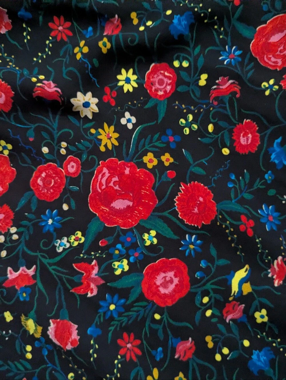 J Crew Black w/ Vibrant Red & Yellow Floral Print Flutter Mini Ruffle Dress Sz S